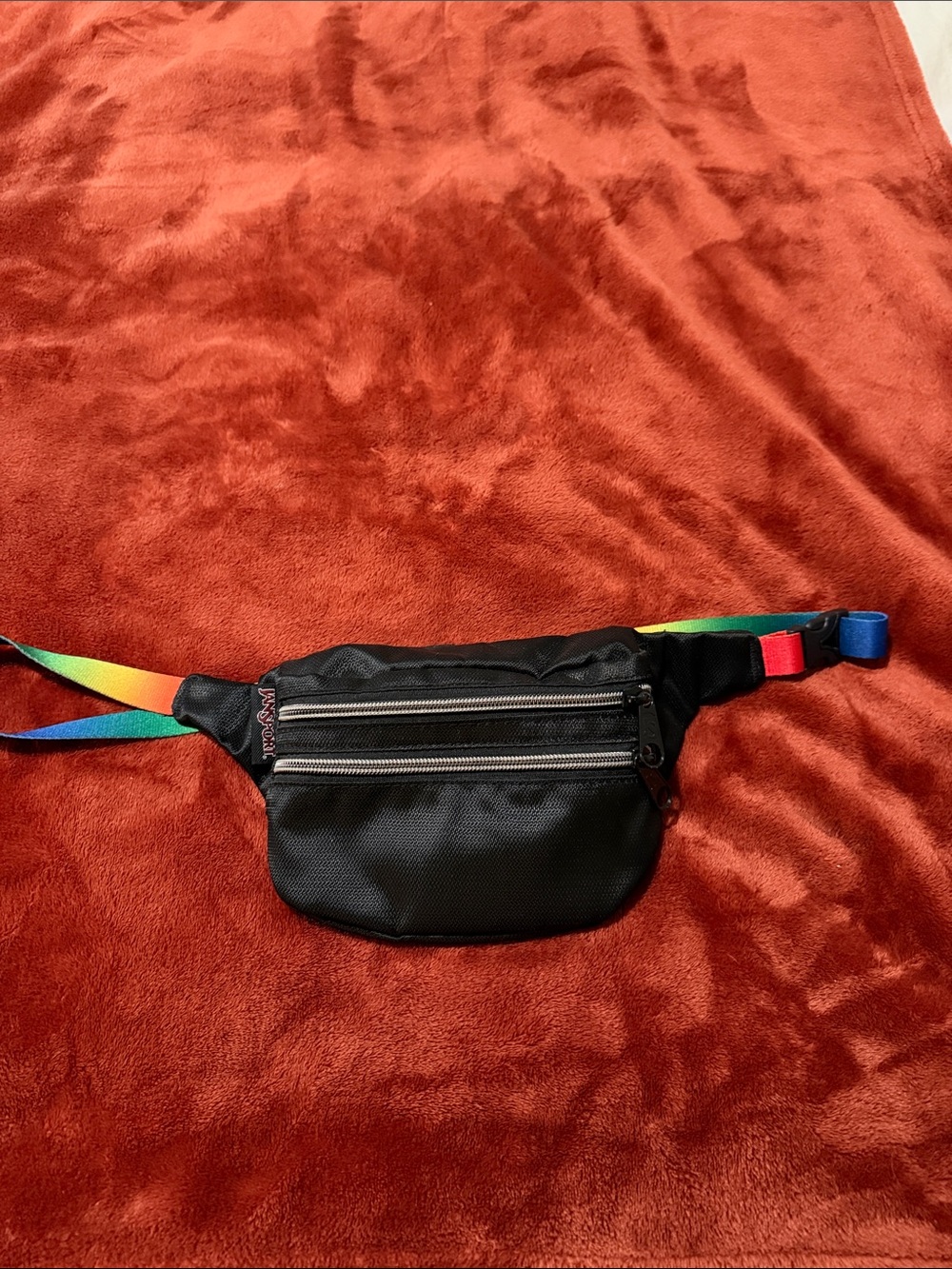 JanSport Black Waist Pack with Rainbow Strap